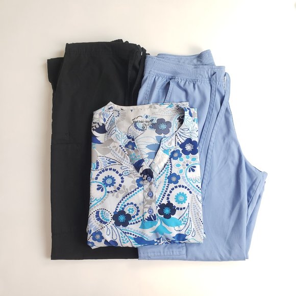 UA Butter-soft Stretch Floral Scrub Top + 2 Scrub Pants Bundle Ceil Blue Black S - Picture 13 of 13